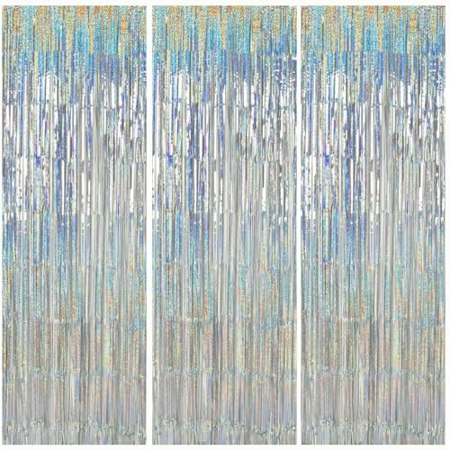 Image of 3 Pcs Sliver Laser Glitter Rain Curtain Foil Fringe Tinsel Backdrop 3.28ft x 6.56ft Gold Sparkle Metallic Foil Curtains for Photo Birthday Wedding Engagement Baby Shower Bachelorette Celebration Party