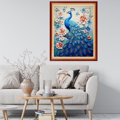 Image of Findvoor Stamped Cross Stitch Kits for Beginner Embroidery Kits for Beginners Adults DIY 11CT Cross Stitch Patterns Needlepoint Kits Crossstitching Kits-Blue Peacock 16x20 inch