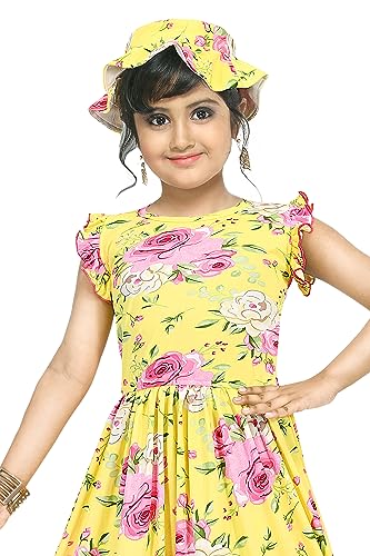Image of Girl's A-Line Knee Length Dress | Short Frock with Cap, Mask and Purse