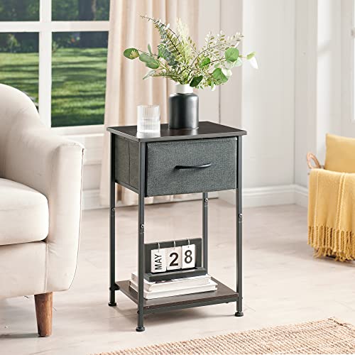 Somdot Nightstands Set Of 2, Bedside Table End Table For Bedroom Nursery Living Room - Removable Fabric Drawer, Open Storage Shelf, Sturdy Steel Frame, Durable Wood Top - Charcoal Grey/Dark Walnut #TOP3