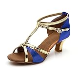 Lateinamerikanische Tanzschuhe mit weicher Sohle mittelhohem Absatz für Gesellschaftstanz Übung im Innenbereich (Blue, 41)