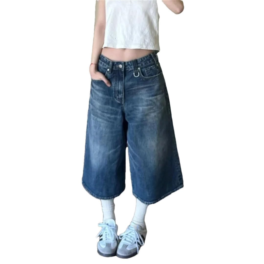 Damskie retro szerokie nogawki workowate denim Harajuku estetyczne szorty z wysokim stanem luźny krój