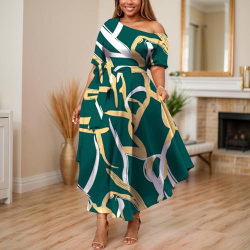 Image of Plus Size Women Wedding Guest Dress Off Shoulder Boat Neck Irregularly Flowy Midi Church Dress