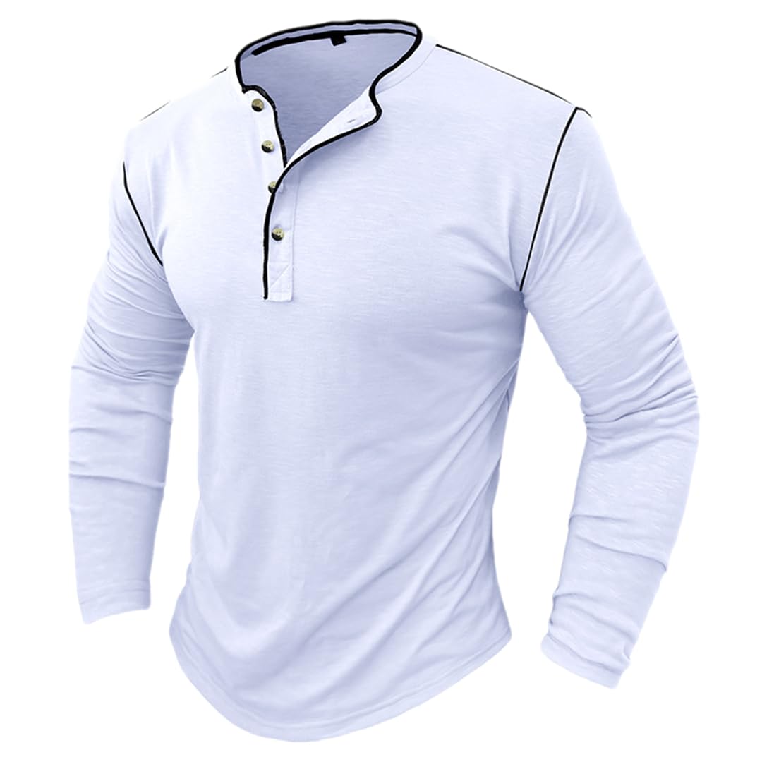 Męska koszula z długim rękawem Henry'ego Wszechstronna koszulka z dekoltem w serek Casual Solid T-shirty