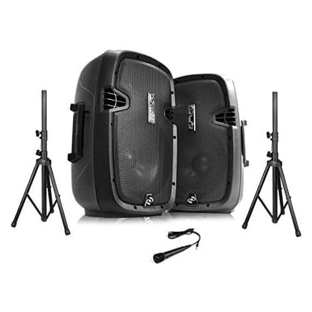 Para głośników PA z Bluetooth, stojakiem, mikrofonem i pilotem zdalnego sterowania firmy Pyle. 30,5 cm subwoofer z USB, czytnik kart SD przenośny wzmacniacz audio na koncert DJ konferencja