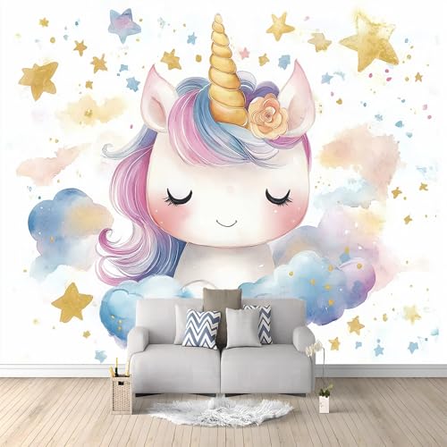 Générique Art Papier Peint Intissé 3D Peinture À L'Aquarelle Licorne Étoiles Muraux Tapisserie Photo Décoration Murale Papier Peint 200 x 140 cm Salon...