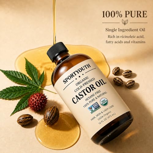 Image of SPORTYOUTH Organic Castor Oil, Cold Pressed, Glass Bottle 16oz, USDA Certified Organic, Hexane Free, 100% Pure, Non-Gmo, Vegan for Hair, Face, Skin, Lash, Brow, Body, Massage, Oil Pack Wrap