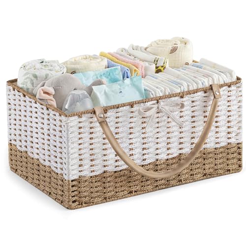 Image of HBlife Diaper Caddy Organizer, Large Hand-Woven Storage Basket for Diapers & Baby Essentials - Modern Fashion Colorblock Design, Ideal Gift for Baby Shower & Registry Must-Have