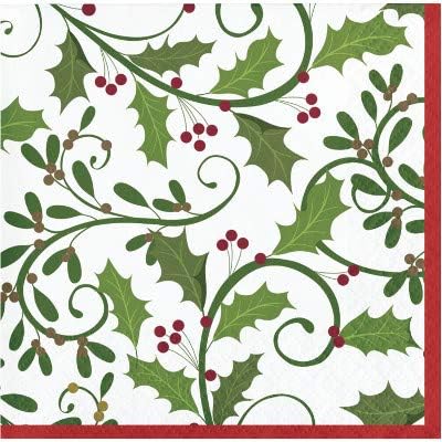 Winter Season Christmas Party Decorations, Holiday Holly Printed Beverage Size Paper Napkins, Box of 192