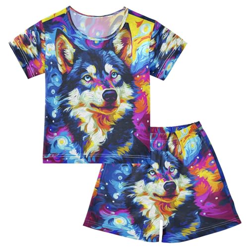 ALAZA Wolf Colorful Abstract Pajamas Set Short Sleeve Cotton Sleepwear Summer Pjs 2 Piece 5-14Y