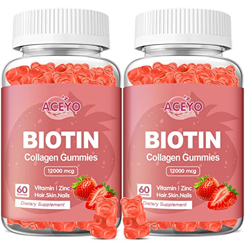 ACEYO 2 Pack Organic Biotin Collagen Gummies 12000mcg for Hair Growth with Zinc Women Men Skin and Nails Care Supplements Vitamins Vegan Strawberry Flavor