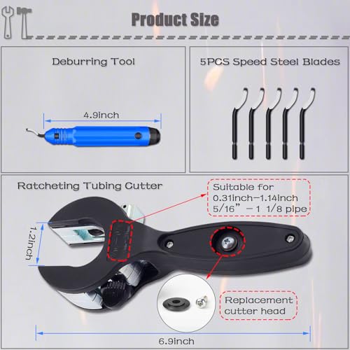Ratcheting Tubing Cutter, Copper Pipe Cutter, Tubing Cutter 5/16" To 1 1/8", 2 in 1-360° Close Quarters Tube Compact Cutter with Deburring Tool, Pex Cutter Tool for Cutting Copper and Metal Pipes. - Image 2