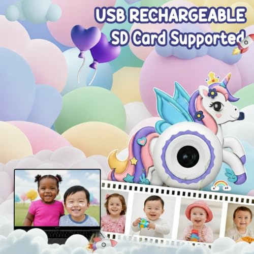 Image of MAVOKIS Kids Digital Camera for Girls & Boys 3-9 Years,Unicorn Silicone Cover,1080P HD Video Camcorder, Selfie,Games,Photo Frames,2.0 Inch Screen,Rechargeable Battery,SD Card(Not Included),Purple