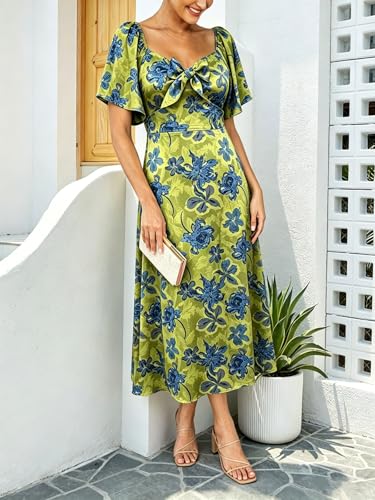 Image of Fashionme Womens Dresses 2026 Maxi Dresses Deep V Neck Elegant Bow Tie Front Cap Sleeve Summer Floral Satin Smocked Dress