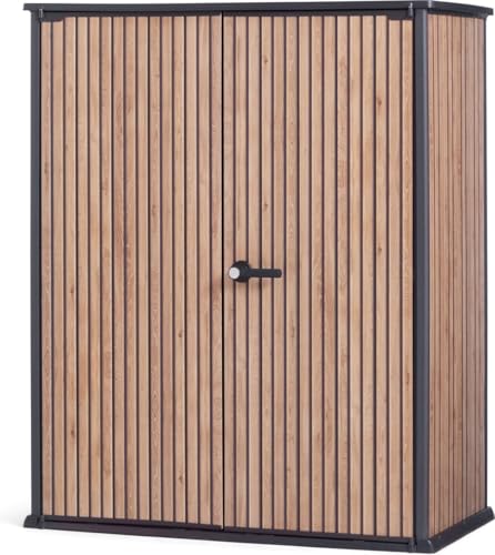 AMPIA CAPACITÀ E ORGANIZZAZIONE: Con una capacità di 1400L, due mensole incluse e supporti, questo porta attrezzi da giardino offre spazio sufficiente per riporre attrezzi e accessori da giardino in modo ordinato e facilmente accessibile.
