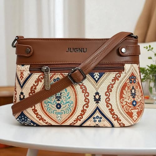 Image of JUGNU Sling Bag for Women, Jute Fabric, Crossbody Style, Slim Design, Multicolour, Medium Size, Lightweight, Adjustable Strap, Zipper Closure, 5 Pockets