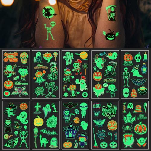 Halloween Tattoos Kinder, 10 Blätter Leuchten im Dunkeln Temporäre Kindertattoos Set, Kürbis Fledermäuse Hexe Skelett Ghost Kinder Aufkleber für Mädchen Jungen Kindergeburtstag Party Deko Mitgebsel
