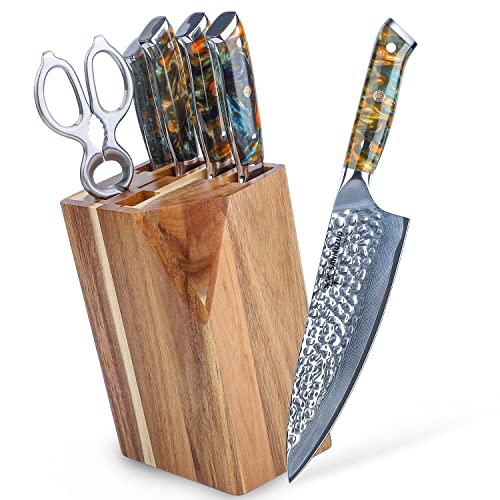 SANMUZUO Kitchen Damascus Knife Set with Block 7 Piece Block Knives