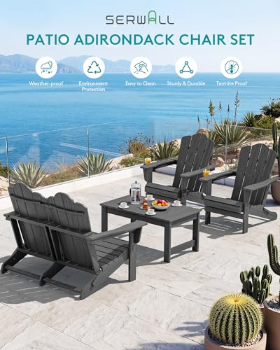 Image of SERWALL 4-Pc HDPE Adirondack Set, 2 Chairs, 1 Bench & 1 Coffee Table, Grey
