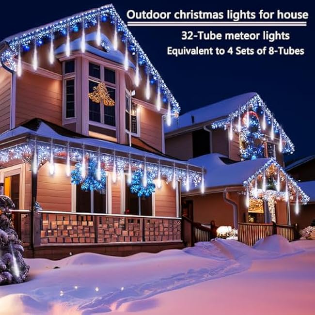 Christmas Decoration Outdoors- 32 Tubes (Equivalent to 4 Sets of 8-Tubes) Meteor Shower Rain Lights, White Falling Rain Lights for Christmas Decor Xmas Tree Halloween Yard Wedding Party, UL Plug