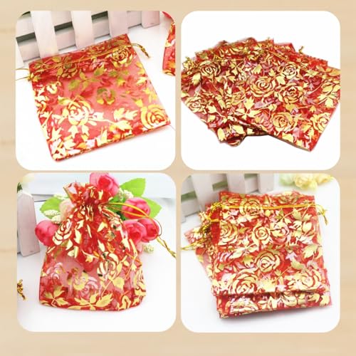 Image of 100 pcs 3.5 x 4.7 Inch Flower Heart Organza Jewelry Gift Pouch Candy Pouch Drawstring Wedding Favor Bags X92 (red gold flower)