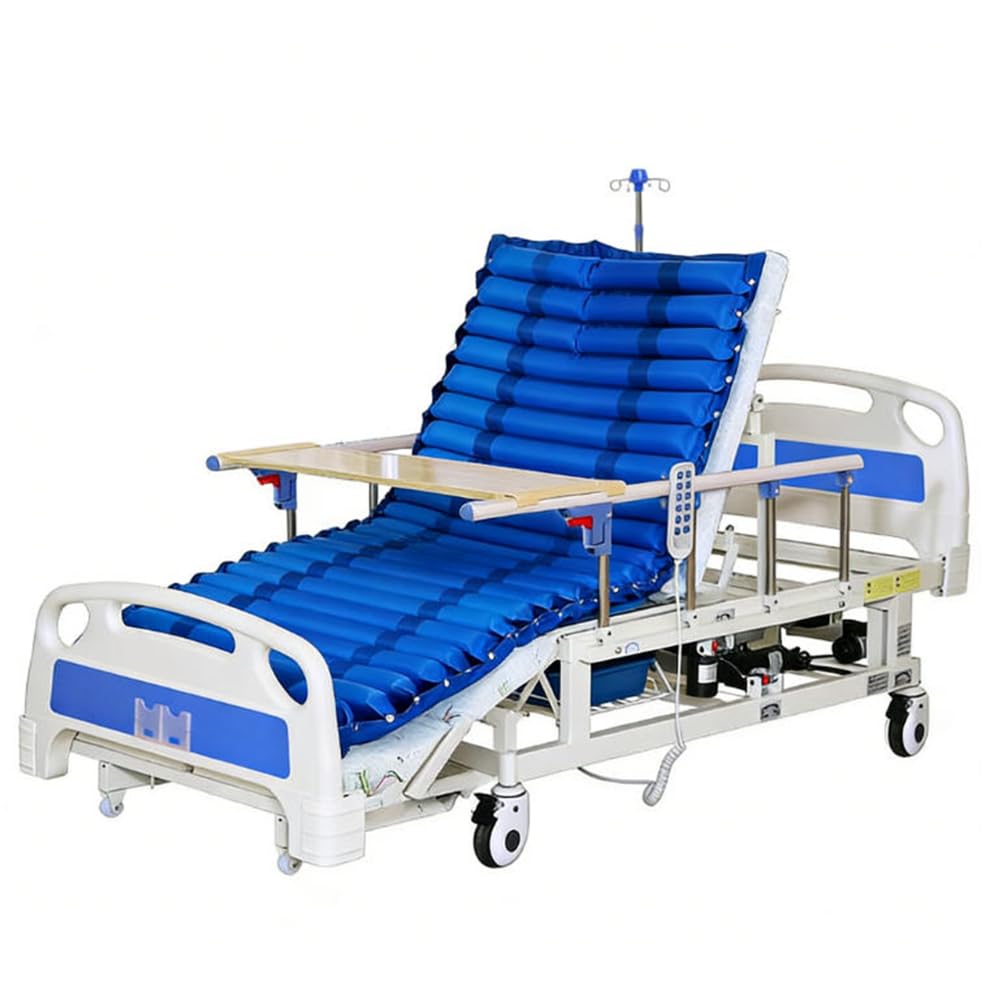 Letto ospedaliero elettrico Premium per terapia intensiva, inclinazione laterale, letto medico elettrico con materasso e asta portaflebo, tavolo da pranzo e ruote da con freno (bed)