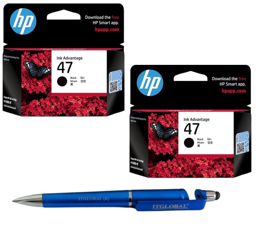 HP 47 Ink Cartridge (Black) Twin (Set of 2) with 3in1 Multi-Function Mobile Phone Stand, Stylus Pen, Anti-Metal Texture Rotating Ballpoint Pen (Very Colors)
