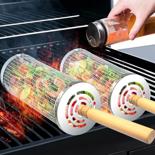 2PCS Rolling Grill Basket, Removable Wooden Handle, 304 Stainless Steel, Nesting Grilling Net for Outdoor Cooking & Camping for Men, Dad, Husband