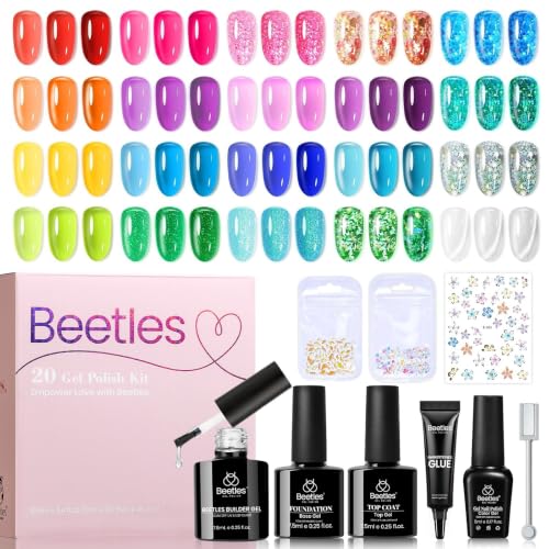 Image of Beetles Jelly Gel Nail Polish Set - 20 Colors Neon Rainbow Pink Yellow Purple Glitter Gel, Soak Off UV LED Gel Nail Kit with Base Matte Top Coat DIY Nail Art Gift for Women
