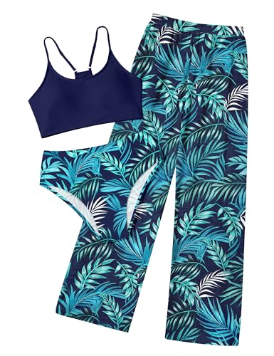 Image of NECIOUS Girls Swimsuit, 3 Piece Bikini Bathing Suit Tropical Floral Swimwear with Cover Up Pants 7-16Y