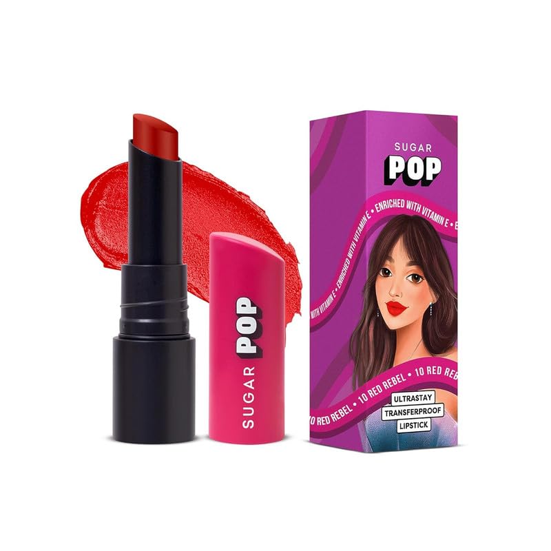 Image of SUGAR POP Ultrastay Transferproof Glossy Lipstick 10 Red Rebel - 4 Gms - Enriched With Vitamin E | Smooth Glide | Waterproof | Longlasting|Moisturizing Lipstick