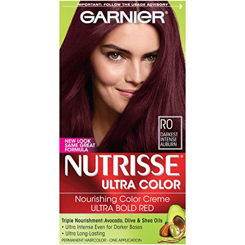 Garnier Nutrisse Ultra Color Nourishing Permanent Hair Color Cream, R0 Darkest Intense Auburn (1 Kit) Red Hair Dye (Packaging May Vary), Pack of 1