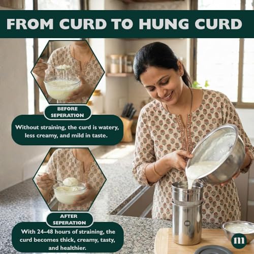 Image of Stainless Steel Multipurpose Greek Yogurt & Hung Curd Maker 1000ml | BPA-Free Steel Strainer with Storage Container | Fine Mesh Filter for Homemade Yogurt, Paneer & Cheese