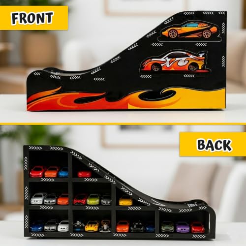 Image of Toy Car Display Track for Hot Wheels Style Cars, 1:64 Diecast Car Storage Organizer, Kids Car Parking Garage with Racing Ramp, Holds up to 22 Mini Cars, MDF Tabletop Display Rack for Boys Room Gift