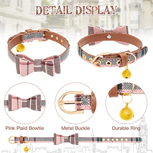 Image of EXPAWLORER Dog Collar and Leash Set - Classic Plaid Dog Bow Tie and Bandana Collar with Bell, Dog Leash Tangle Free, Adjustable Collars for Puppy Small Dogs and Cats, Holiday Ideal Gift, Pink XS