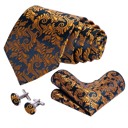 Image of 5PCS Mens Silk Tie, Pocket Square, Cufflinks, Drilled Tie Ring and Lapel Pin Set for Wedding Groom Party