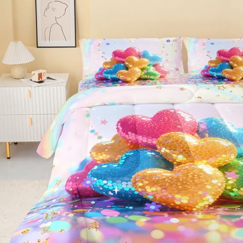 Image of QOOMO Kawaii Heart Kids Comforter Set,Cute Rainbow Print Bedding Set Twin Size for Boys Girls Room Decoration,Pink Bed Set Microfiber Lightweight All Season,1 Comforter Set 2 Pillowcases