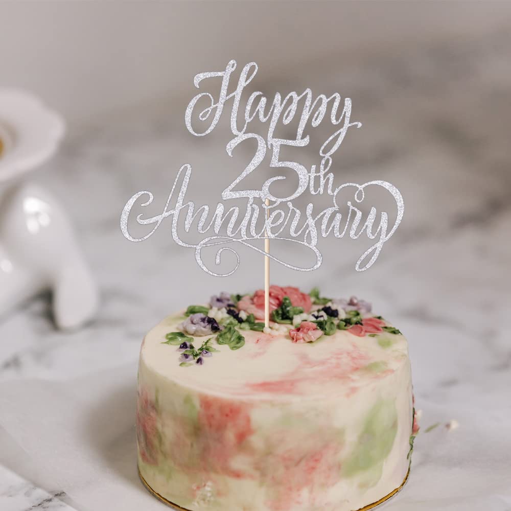 Ozdoba na tort z okazji 25. rocznicy ślubu / srebrna dekoracja weselna / 25. urodziny srebrne brokatowe dekoracje