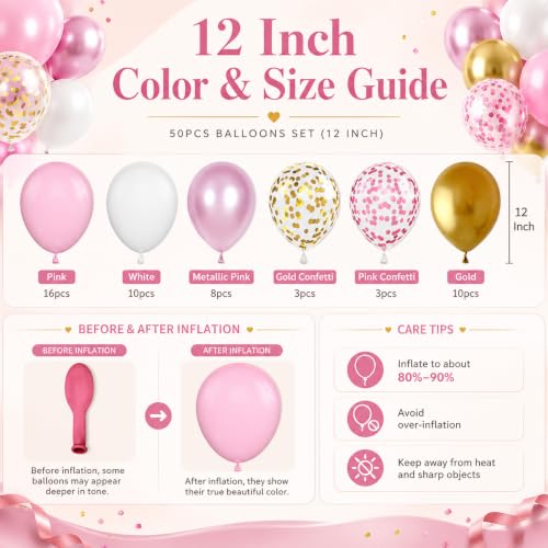 Image of Pink and Gold Balloons, 12 Inch Pink White Metallic Chrome Gold Confetti Pink Latex Balloons with Ribbon Pink Gold Party Balloons Set for Girls Baby Shower Birthday Princess Party Decorations