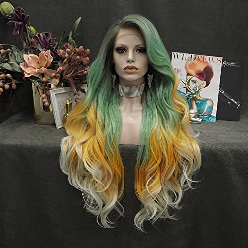 Imstyle Mermaid Colorful Lace Front Wig Green Yellow Blonde Long Wave Synthetic Density Hair Wigs for for Cosplay Party Halloween 30 inches