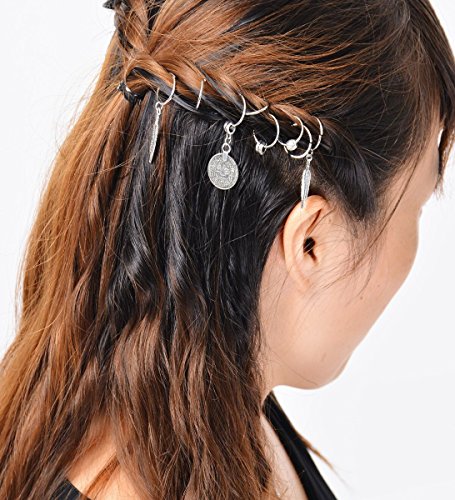 Unicra Ancient coins Hair Ring Set Leaf Cross Hair Clip Rings Decorations African Hair Jewelry Tribal Hair Accessories for women and girls (Silver)