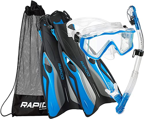 Rapido Boutique Collection Clareza Three Window Tempered Glass Lens Mask Fin Snorkel Set with Snorkeling Gear Carry Bag, Blue - LG