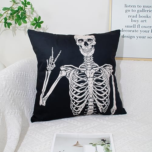 DILOXNSU Cushion Covers 45 x 45 cm Halloween Skull Skeleton Posing Black Double-Sided Square Modern Decorative Pillows Covers for Room Sofa Outdoor Chair Decor Cushion Cover 18 x 18 inch - Image 2