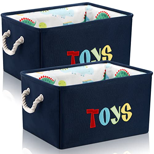 Tebery 2 Pcs Toys Storage Basket Cabinet Organizer Storage Box Embroidery Cartoon Dinosaur Decorative Basket for Bedroom Nursery Dormitory 40x28x22 CM- Navy