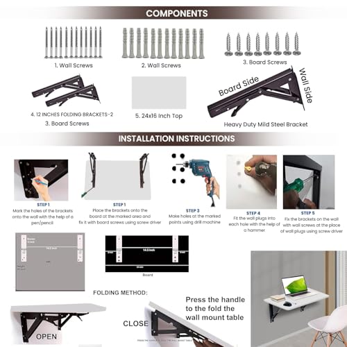 Image of wow craft Wall-Mounted Multipurpose Study Table for Home & Office | Foldable Wooden Desk with Drawer, Cable Slot & Cup Holder | Space Saving Workstation - 31x18.5 Inches (Matte White)