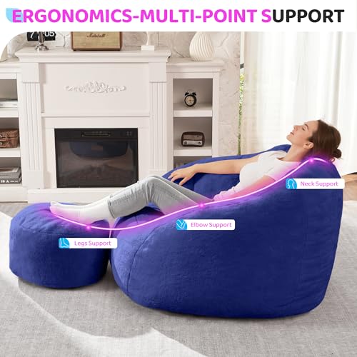 Image of HABUTWAY Bean Bag Chair, Giant Bean Bag Chairs for Adults with Ottoman, Comfy Faux Fur Shell-Shaped Bean Bag Couch, Sofa Chair for Living Room, Bedroom, Navy Blue