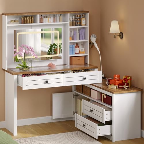 GarveeHome Vanity Desk with Glass Top & Charging Station, Touch Screen Mirror and Lights, Makeup Vanity with 5-Drawer, 6 Open Storage Shelves, Antique White