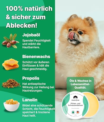 Emma Grün® Pfotenbalsam 100ml - Regeneriert & Stärkt Rissige Tiernasen & Pfoten - Mit Jojoba, Propolis & Bienenwachs - Natürlicher Pfotenschutz & Pfotenpflege - Hundepfoten Balsam Made in Germany