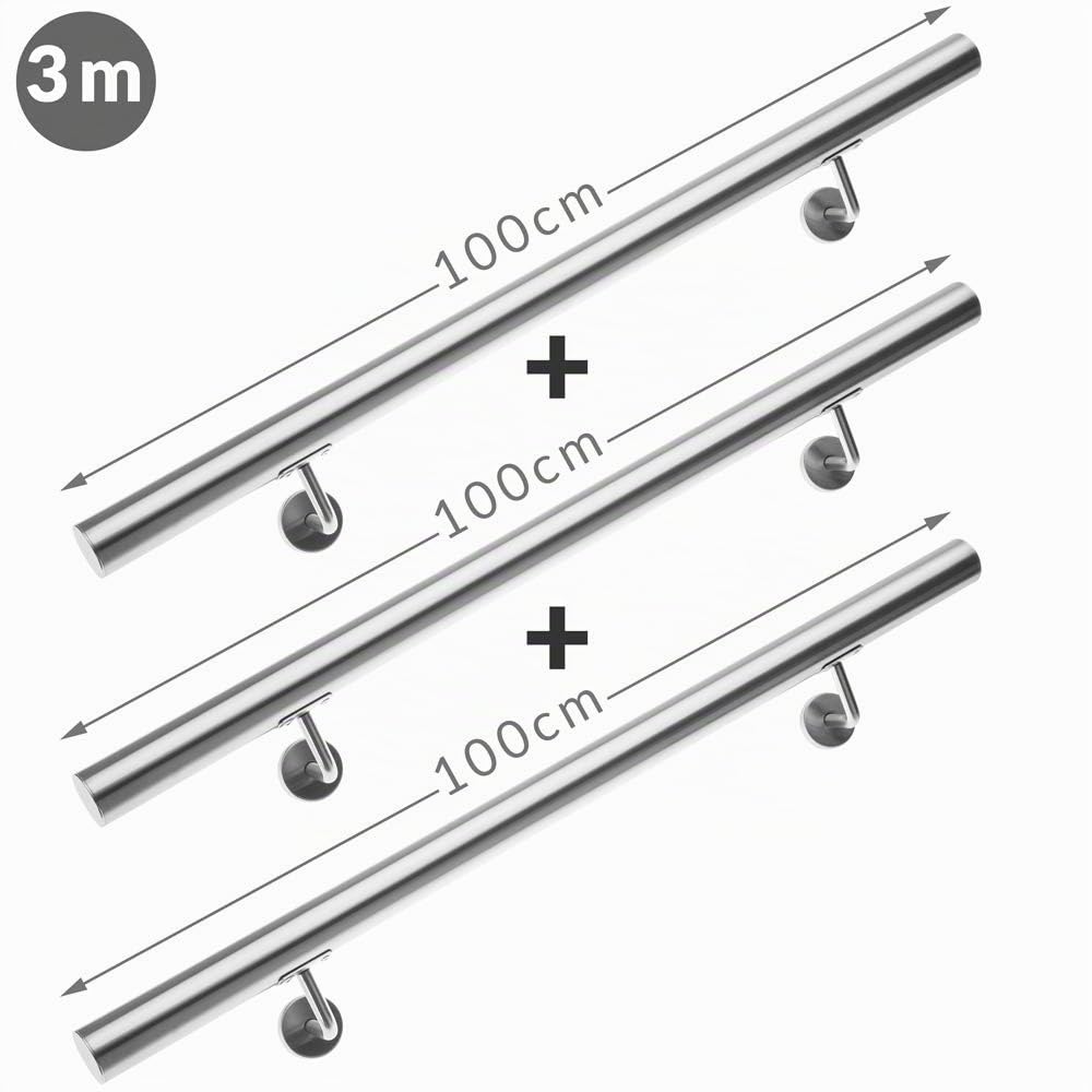 Monzana Pasamanos de Acero Inoxidable Barandilla de Pared para Escalera 300cm Soporte Pared Interior Exterior
