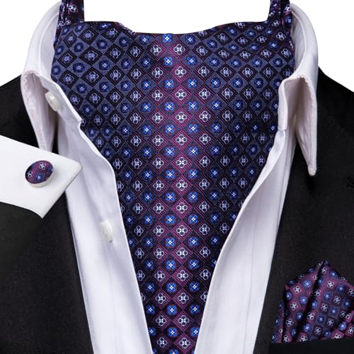 Image of Hi-Tie Silk Ascot for Men Self Tie Men's Cravat and Flower Lapel Pin Handkerchief Cufflinks Set for Wedding Party